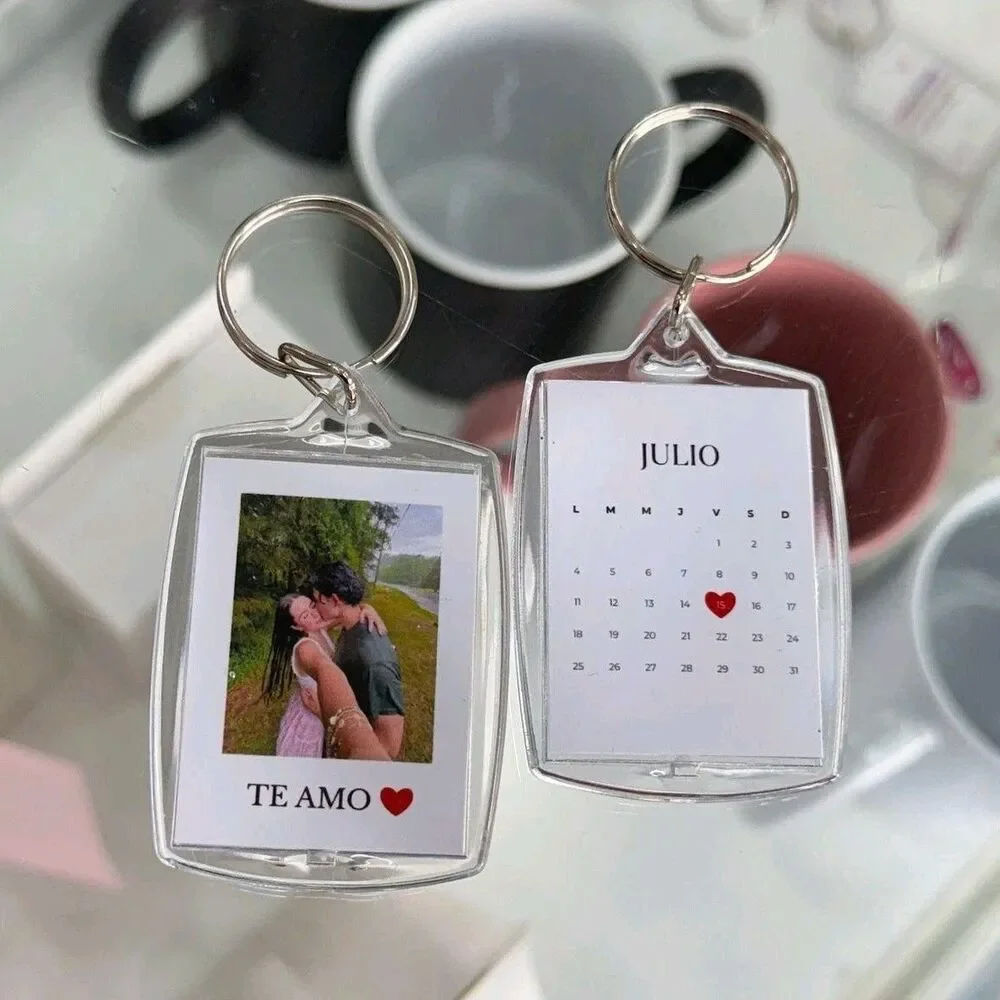 Couples Keychain Set Personalized Photo Calendar Love Theme Clear Plastic